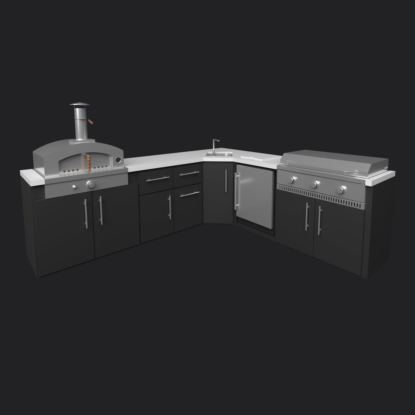 Emory | Corner Outdoor Kitchen Island with Built-In Griddle & Pizza Oven