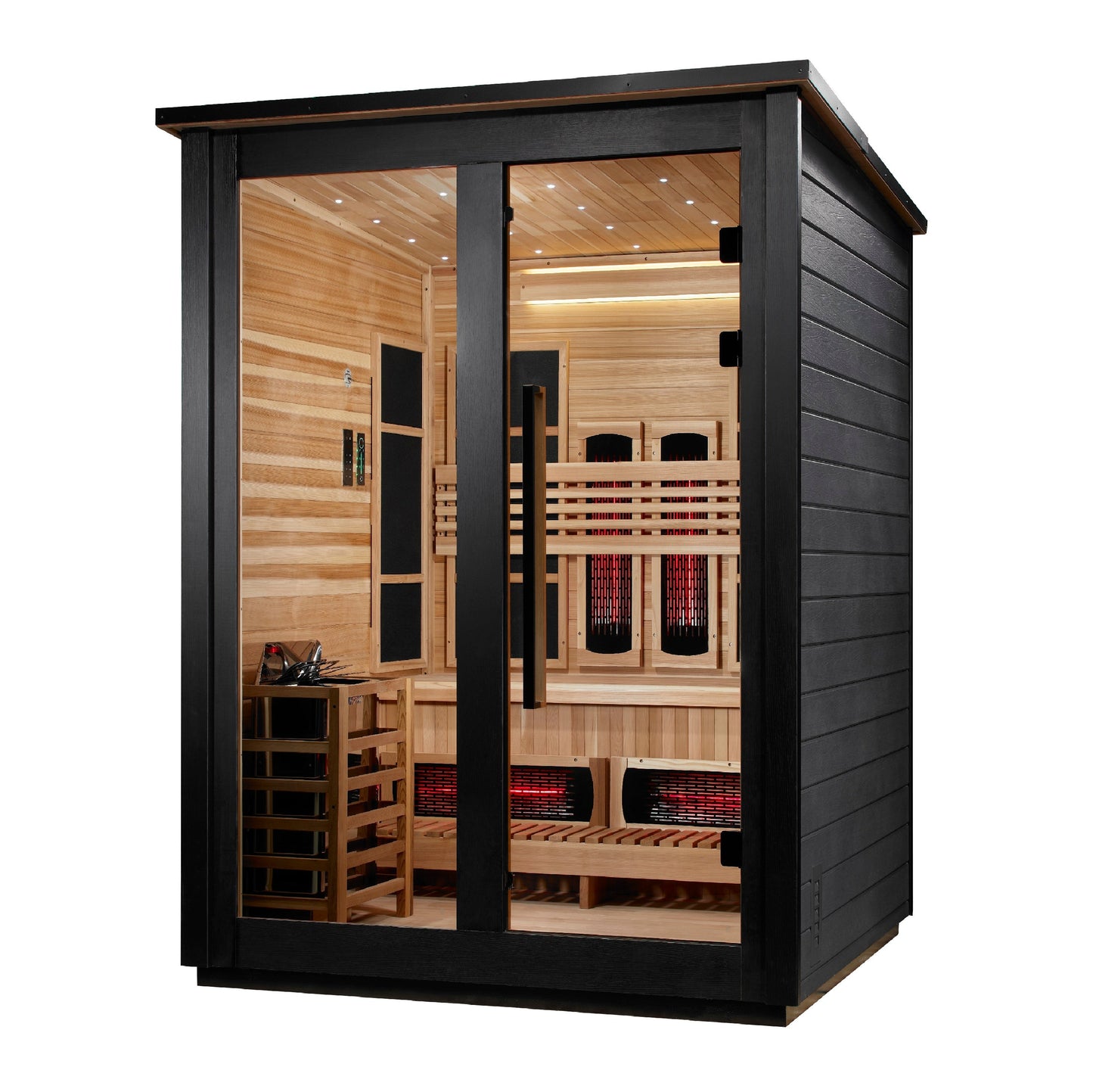 Golden Designs "Loviisa Black" 3-Person Outdoor PureTech™ Full Spectrum Hybrid Sauna — Flat Roof (2026 Model) | GDI-8523-04