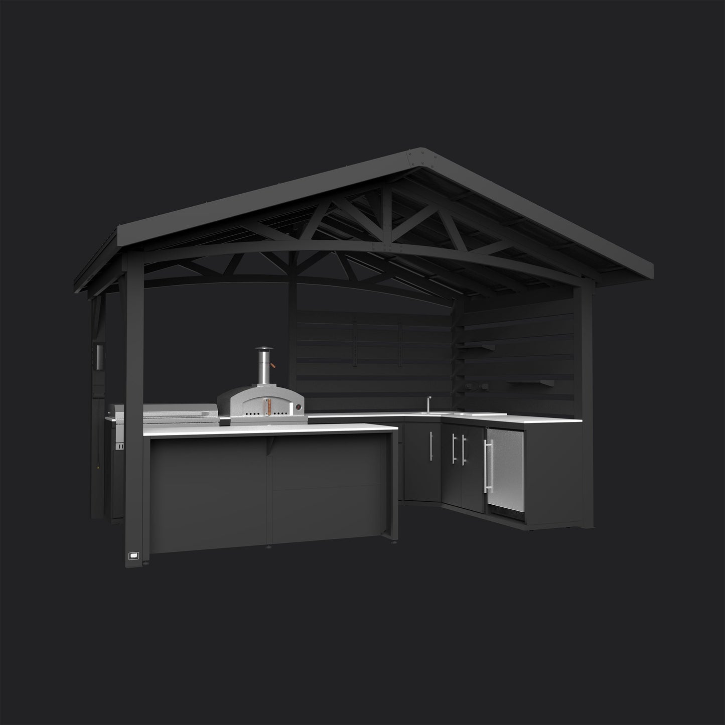 Langston | Covered Walk-In Outdoor Kitchen with Built-In Griddle & Pizza Oven