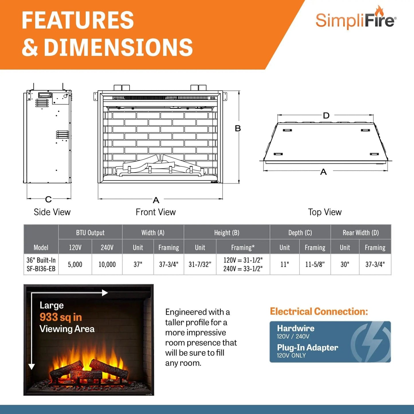 SimpliFire Built-In Electric Fireplace 30-In W/ Trim Kit SF30BIEPK