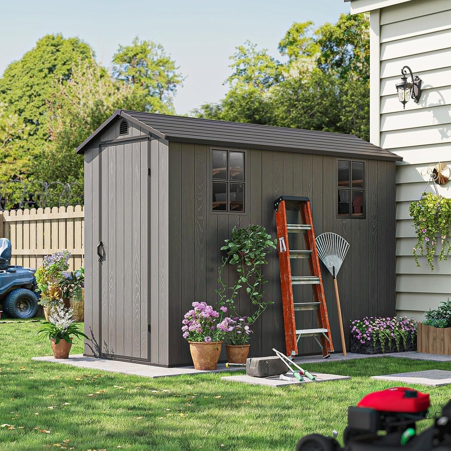 4X8 FT Plastic Outdoor Storage Shed with Floor, Resin outside Shed with Windows and Lockable Door for Backyard Garden Patio Lawn, Easy Installation, Gray (Fit-It Shed)