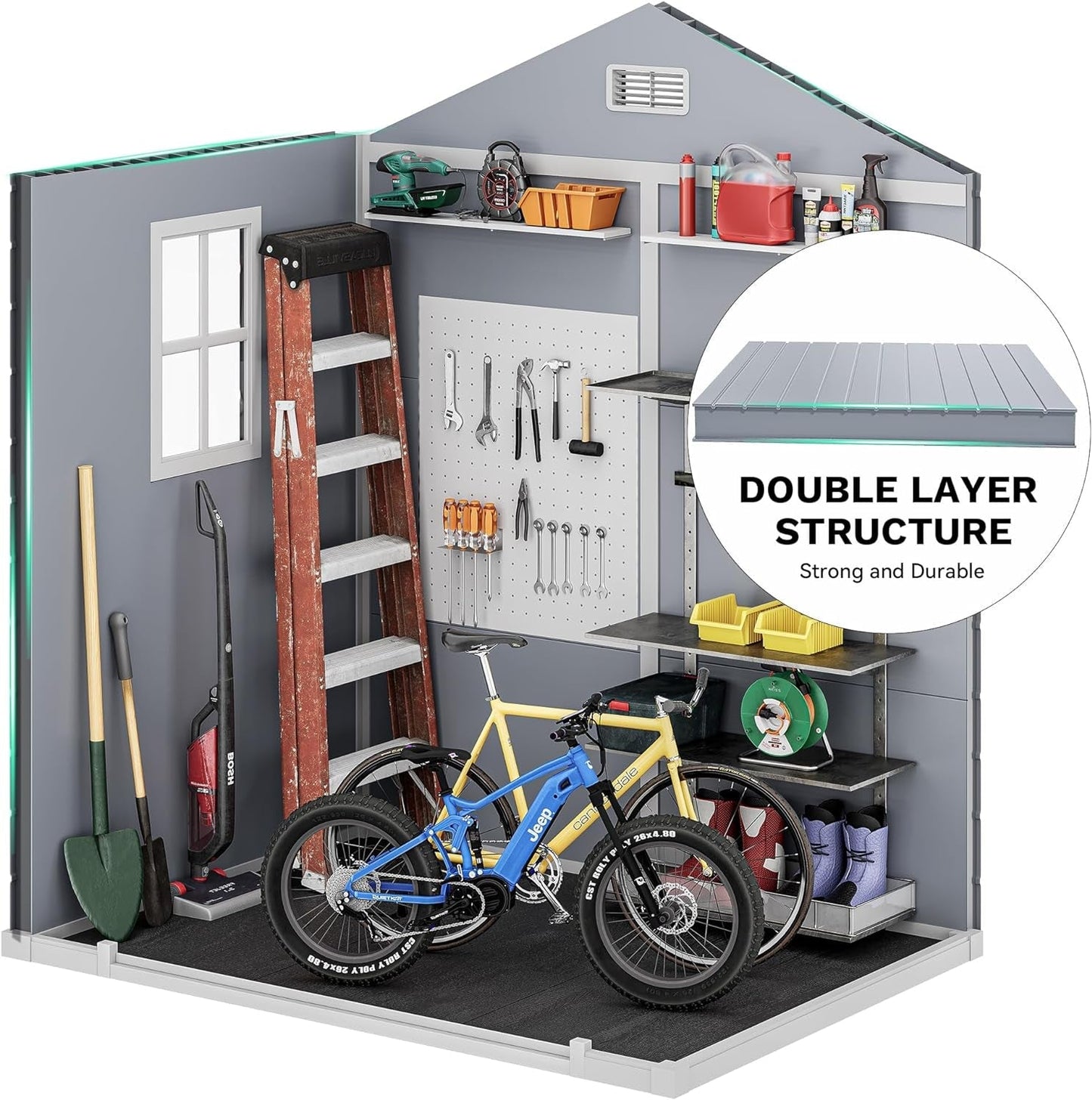 6X4.4 FT Outdoor Resin Storage Shed with Reinforced Floor, All-Weather Bike Storage Shed with Lockable Door, Window and Vent, Waterproof Plastic Tool Storage for Garden, Backyard, Patio, Lawn
