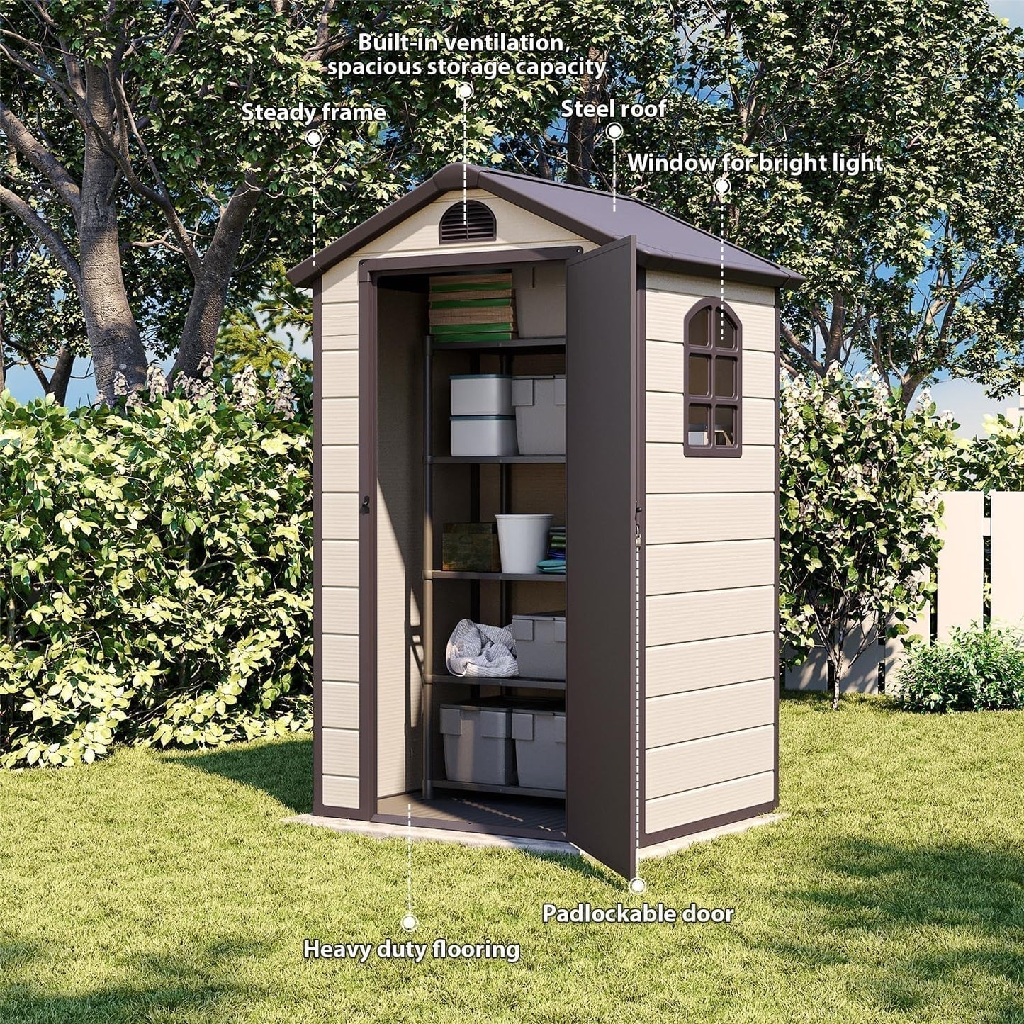 Outdoor Storage Shed 4X3 Ft, Resin Sheds & Outdoor Storage, Patio Furniture Shed with Lockable Door, Outdoor Sheds Garden Tools, Bikes, BBQ Grills, Pool Accessories for Backyard, Patio