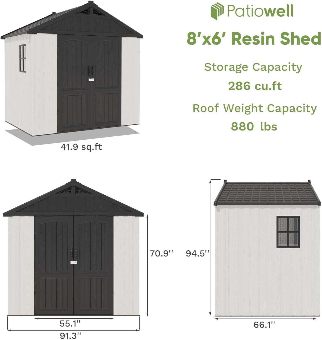 8' X 6' Plastic Outdoor Storage Shed with Floor, Resin Shed with Window and Lockable Door for Garden, Backyard, Tool Storage Use, Easy to Install in Gray and White (Kick-It Shed)