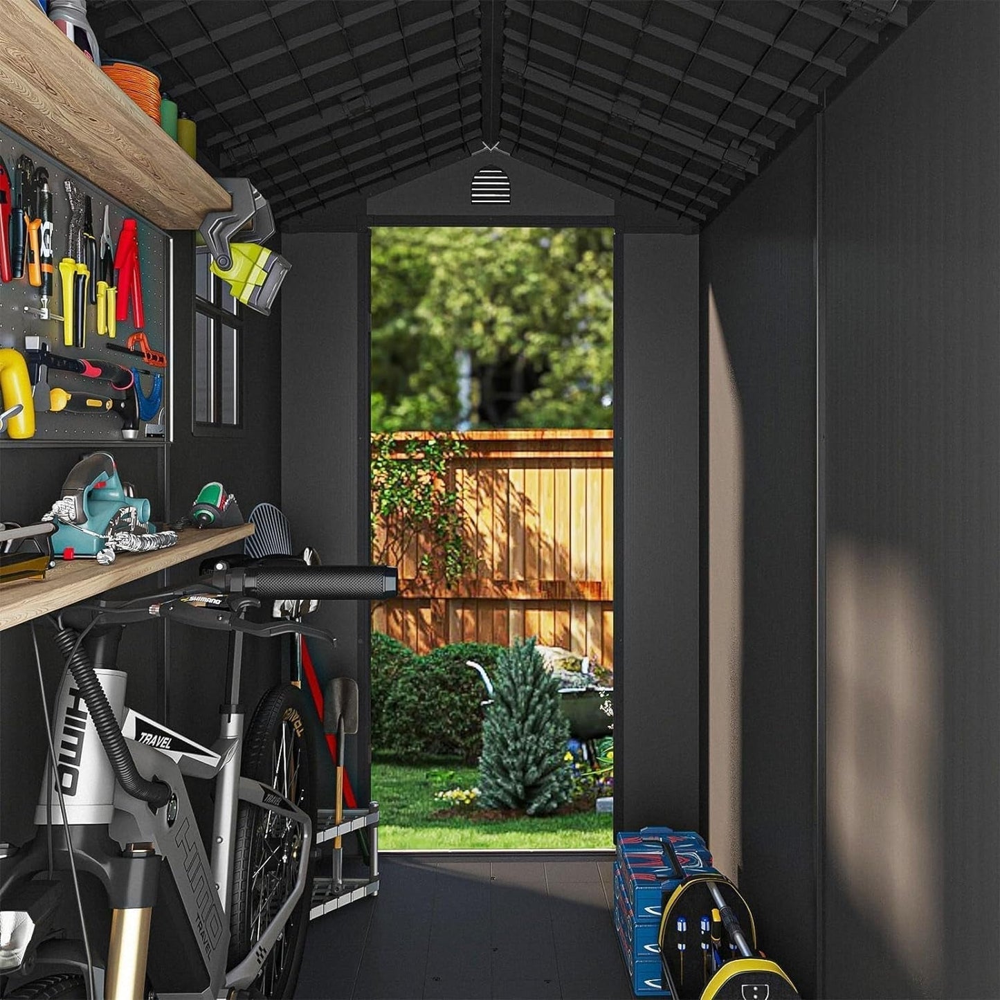 4X8 FT Plastic Outdoor Storage Shed with Floor, Resin outside Shed with Windows and Lockable Door for Backyard Garden Patio Lawn, Easy Installation, Gray (Fit-It Shed)