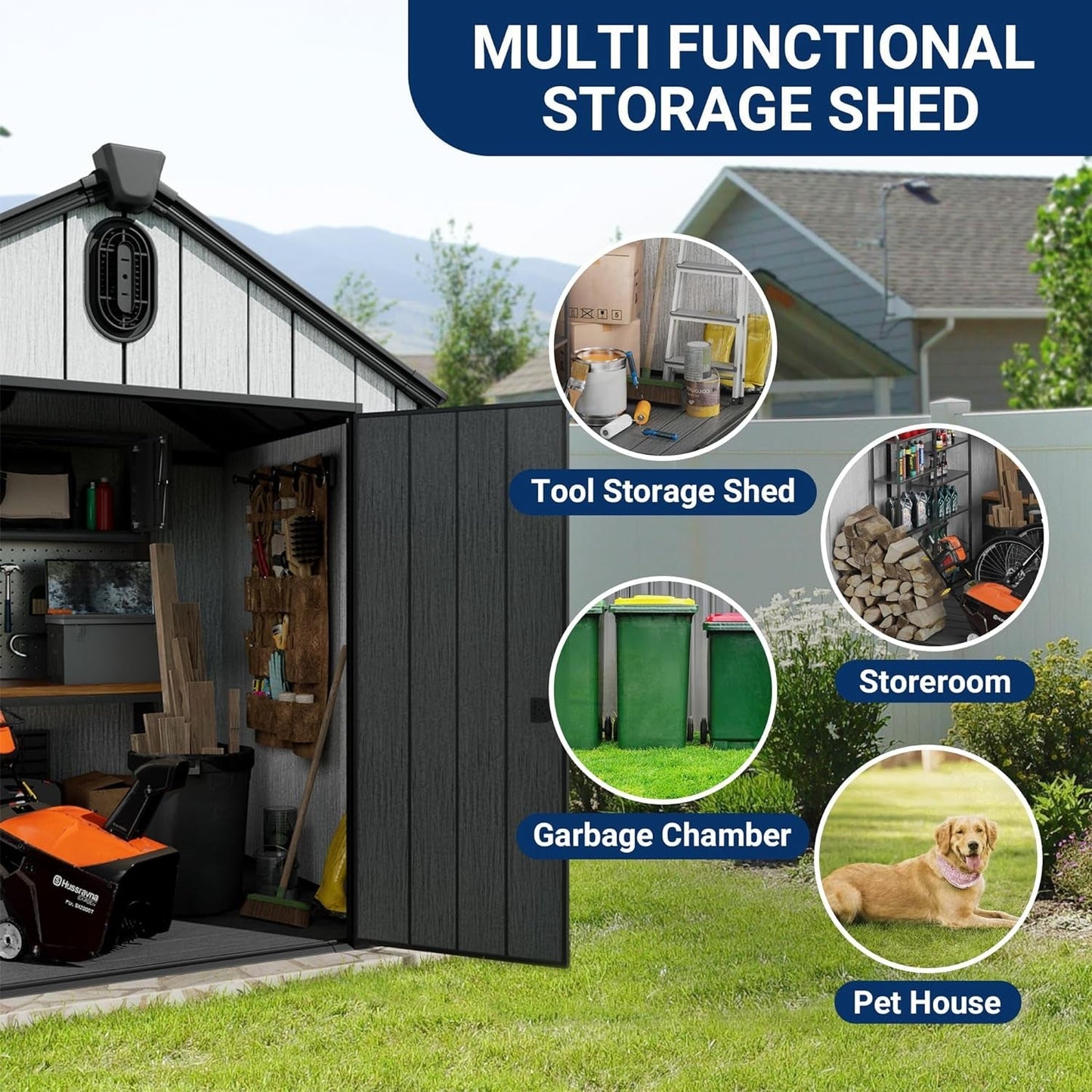 6X6 FT Outdoor Resin Storage Shed, All Weather Resistant Plastic Shed W/Air Vents & Window, Floor & Lockable Door, Waterproof Outdoor Shed for Bike, Garbage Cans, Tools (Black & Grey)