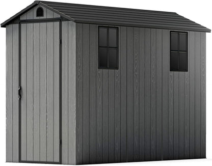 4X8 FT Plastic Outdoor Storage Shed with Floor, Resin outside Shed with Windows and Lockable Door for Backyard Garden Patio Lawn, Easy Installation, Gray (Fit-It Shed)