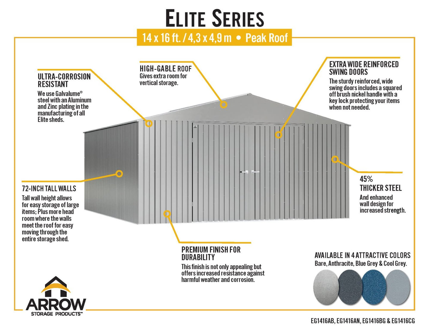 Arrow Shed Elite 14′ x 16′ Outdoor Lockable Gable Roof Steel Storage Shed Building, Anthracite