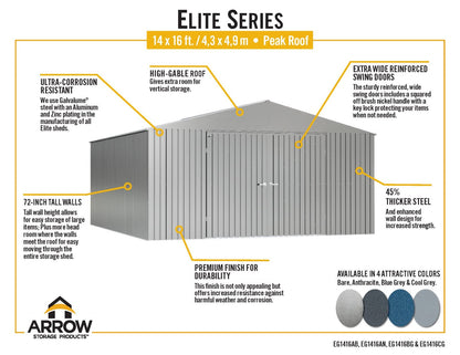 Arrow Shed Elite 14′ x 16′ Outdoor Lockable Gable Roof Steel Storage Shed Building, Anthracite