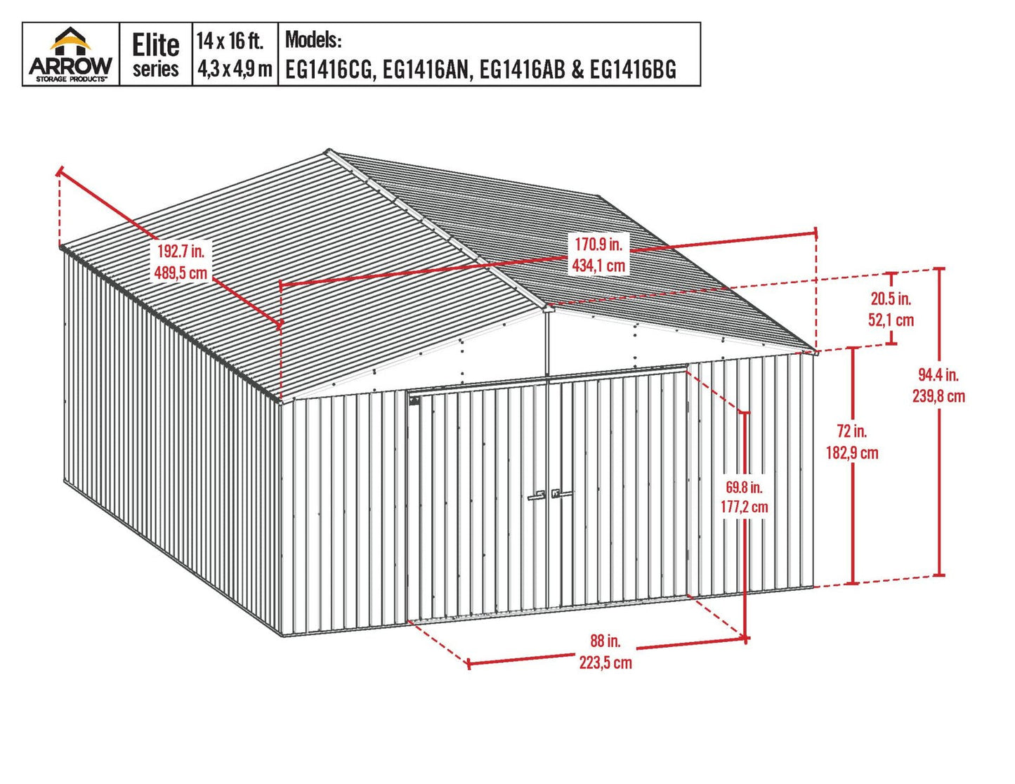Arrow Shed Elite 14′ x 16′ Outdoor Lockable Gable Roof Steel Storage Shed Building, Anthracite