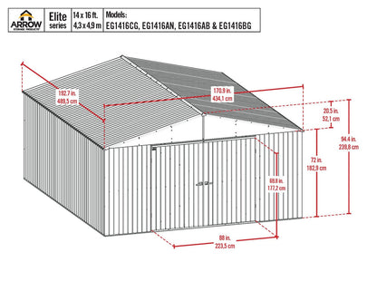 Arrow Shed Elite 14′ x 16′ Outdoor Lockable Gable Roof Steel Storage Shed Building, Anthracite
