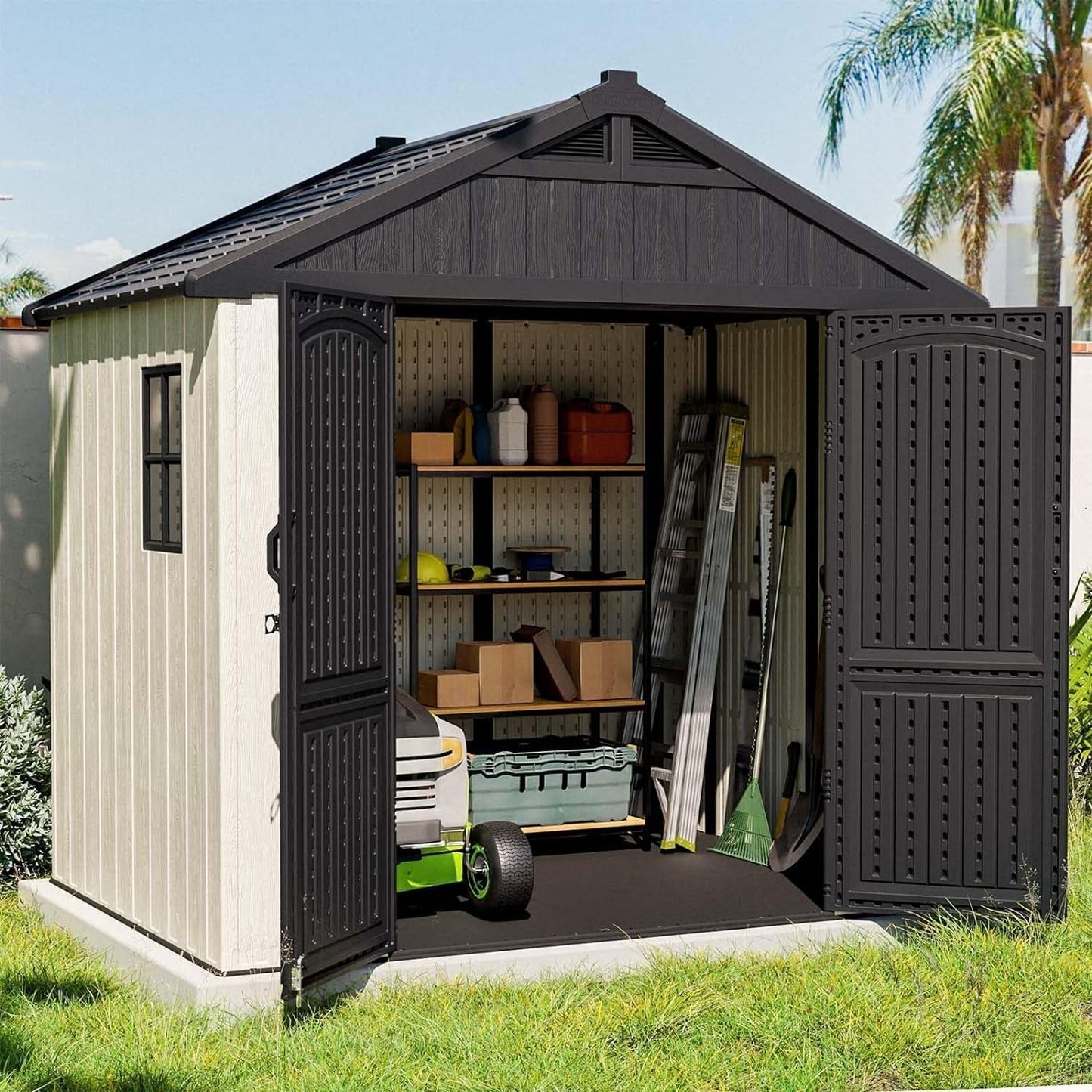 8' X 6' Plastic Outdoor Storage Shed with Floor, Resin Shed with Window and Lockable Door for Garden, Backyard, Tool Storage Use, Easy to Install in Gray and White (Kick-It Shed)