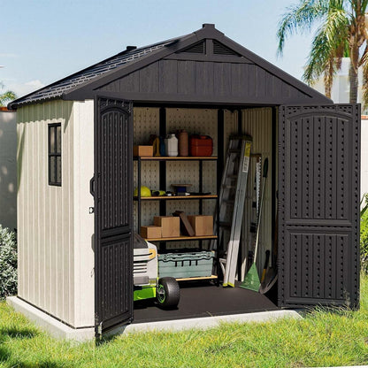 8' X 6' Plastic Outdoor Storage Shed with Floor, Resin Shed with Window and Lockable Door for Garden, Backyard, Tool Storage Use, Easy to Install in Gray and White (Kick-It Shed)
