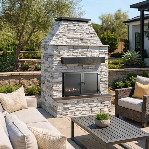 Cal Flame - Durango Modern Outdoor Gas Fireplace w/ Extended Bottom Mantel | Model: FRP905-2