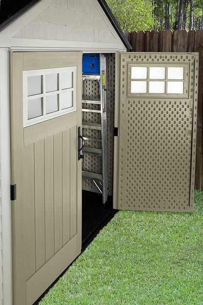 Resin Outdoor Storage Shed with Floor (7 X 7 Ft), Weather Resistant, Beige/Brown, Organization for Home/Backyard/Garden Tools/Lawn Mower/Bike Storage/Pool Supplies