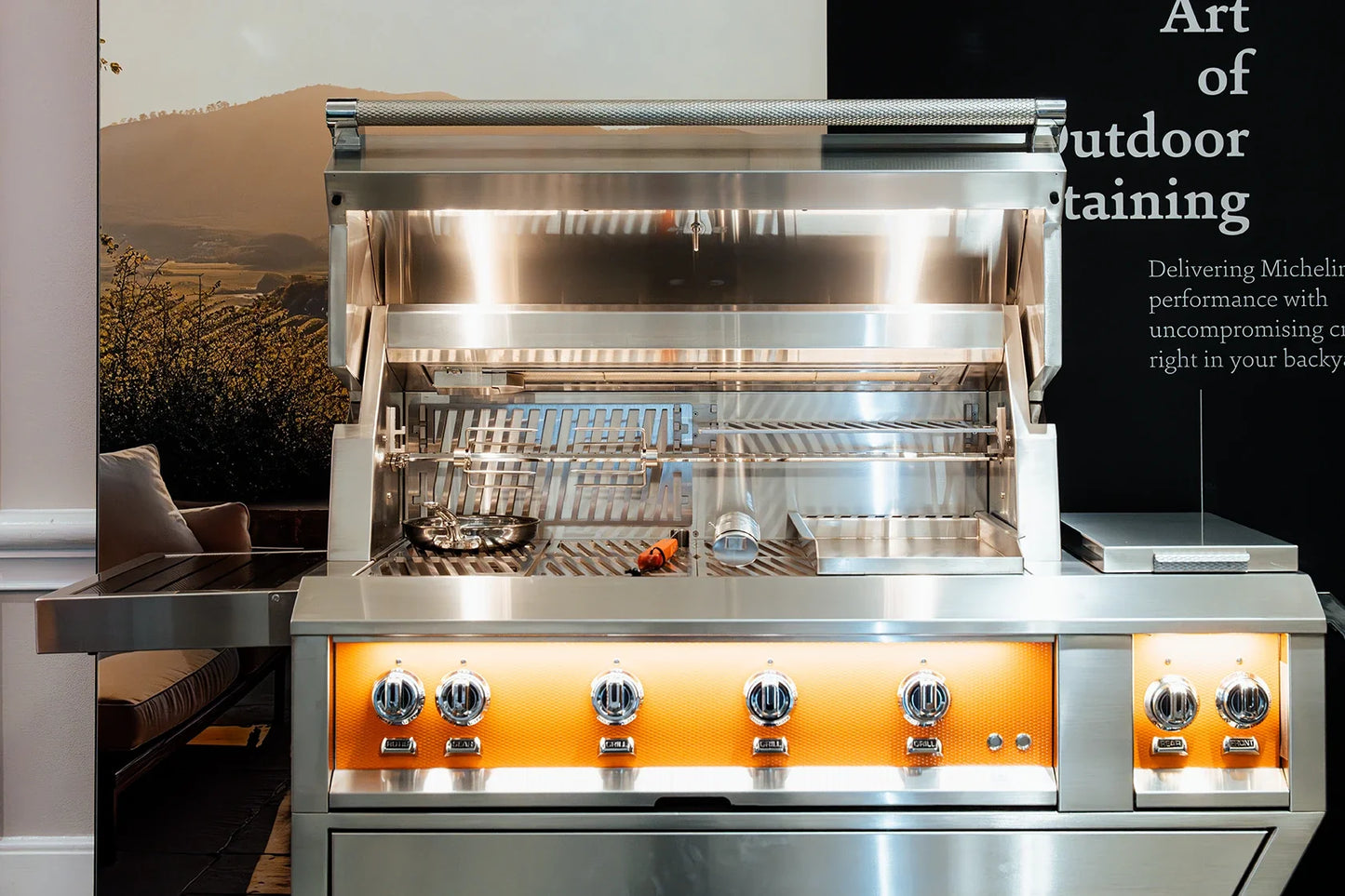 Hestan 36" Outdoor Built-In Grill with Deluxe Cart, 2-Trellis Burners, Sear Burner, Double Side Burner & Rotisserie Kit - GMBR36CX2