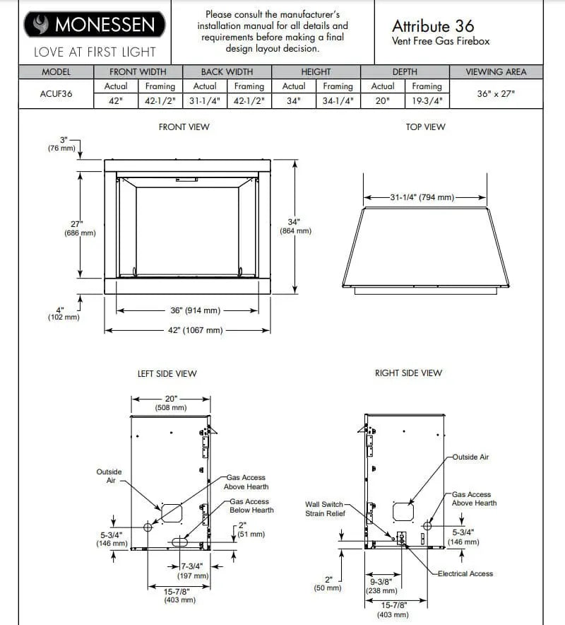 Monessen Gas Fireplace 36" Attribute Universal Circulating Vent-Free Firebox with Radiant Face and Multitonal Reversible Interior Panels MF36AUVF