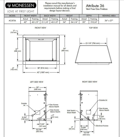 Monessen Gas Fireplace 36" Attribute Universal Circulating Vent-Free Firebox with Radiant Face and Multitonal Reversible Interior Panels MF36AUVF