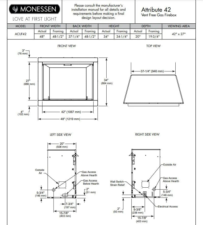 Monessen Gas Fireplace 42" Attribute Universal Circulating Vent-Free Radiant Face & Multitonal Panels MF42AUVF