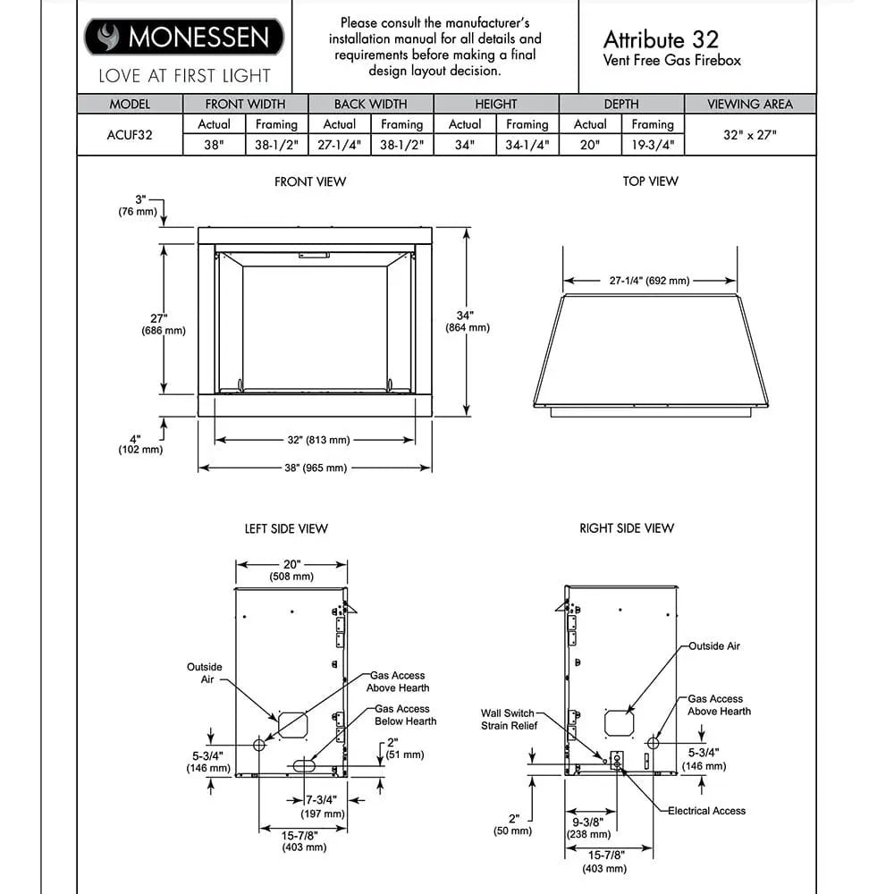 Monessen Gas Fireplace 32" Attribute Universal Circulating Vent-Free Firebox with Radiant Face and Multitonal Reversible Panels MF32AUVF