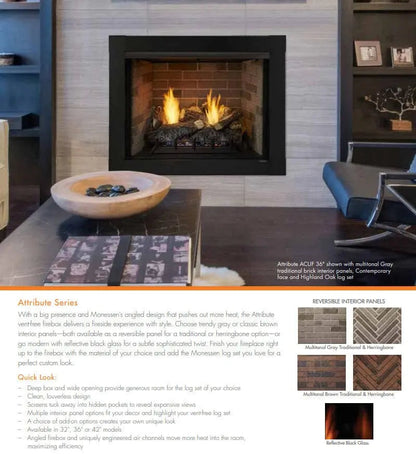 Monessen Gas Fireplace 36" Attribute Universal Circulating Vent-Free Firebox with Radiant Face and Multitonal Reversible Interior Panels MF36AUVF