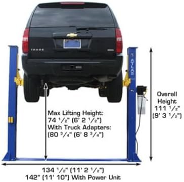 ATLAS Automotive Equipment 9KBPX 2-Post Lift/Hoist, Baseplate Style, 9’6″ Minimum Ceiling Height, 9,000lb Capacity, Symmetric Arms, Dual Hydraulic Chain Drive Cylinders, for Low Ceiling Home Use