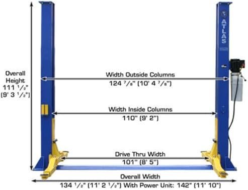 ATLAS Automotive Equipment 9KBPX 2-Post Lift/Hoist, Baseplate Style, 9’6″ Minimum Ceiling Height, 9,000lb Capacity, Symmetric Arms, Dual Hydraulic Chain Drive Cylinders, for Low Ceiling Home Use