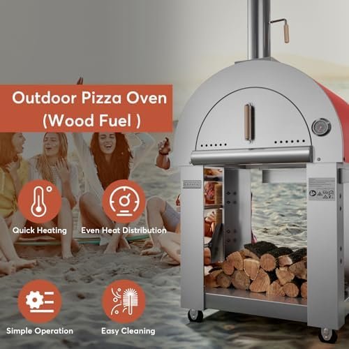 Empava Pizza Oven with Open Shelf and Wheels for Outdoor Kitchen, Wood Fire for Grill & Camping Backyard Party in Stainless Steel, 38.6 Inch, Italian Red
