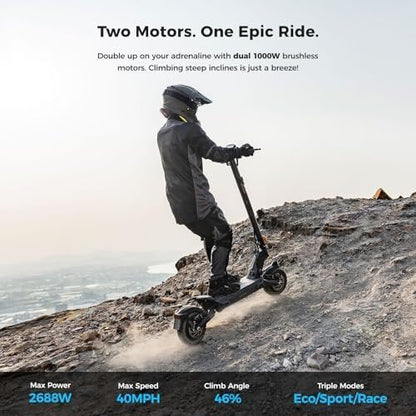 Ausom 2000W Dual Motor Folding Electric Scooter for Adults, Off Road Dual Motor E-Scooter with E-ABS and Dual Disc Brakes, 40Mph Top Speed, 56 Miles Max Range