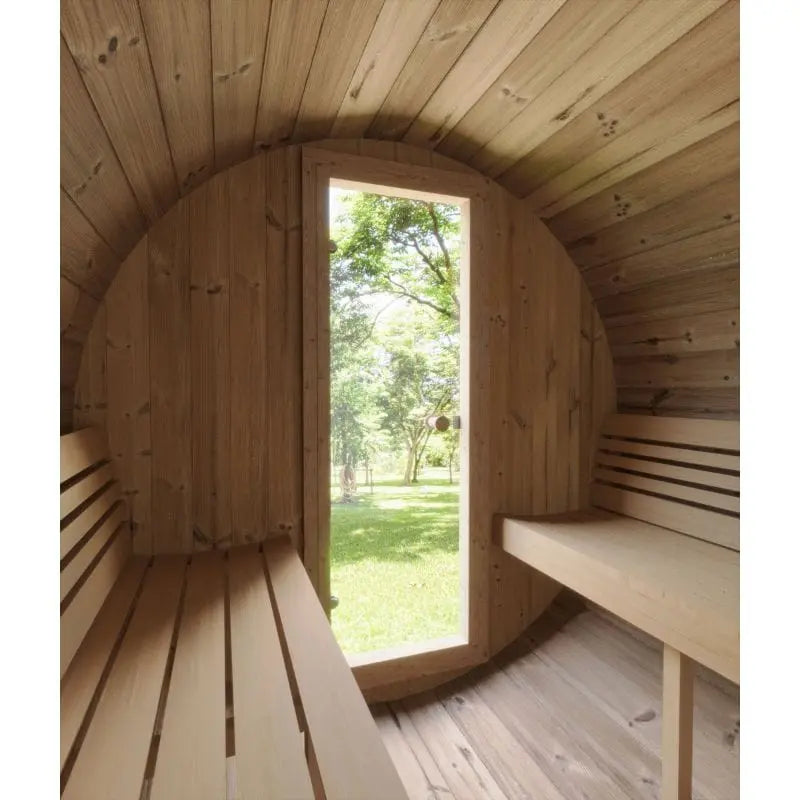 SaunaLife 4-Person Half-Moon Panoramic Outdoor Barrel Sauna Model E7W | AQVINA World