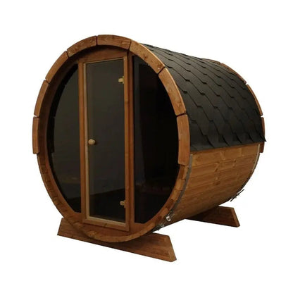 SaunaLife 4-Person Half-Moon Panoramic Outdoor Barrel Sauna Model E7W | AQVINA World