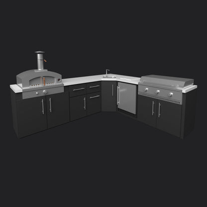 Emory | Corner Outdoor Kitchen Island with Built-In Griddle & Pizza Oven