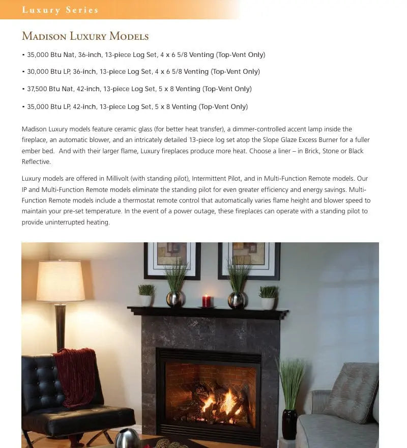 Empire Gas Fireplace Madison 36" Direct Vent with Blower and Log Set ECS36MADISON