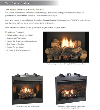 Empire Gas Fireplace Van Buren Deluxe 36" B-Vent Contour Burner LOGSET ECSVBD36
