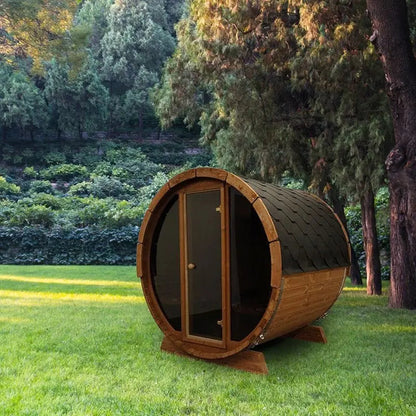 SaunaLife 4-Person Half-Moon Panoramic Outdoor Barrel Sauna Model E7W | AQVINA World