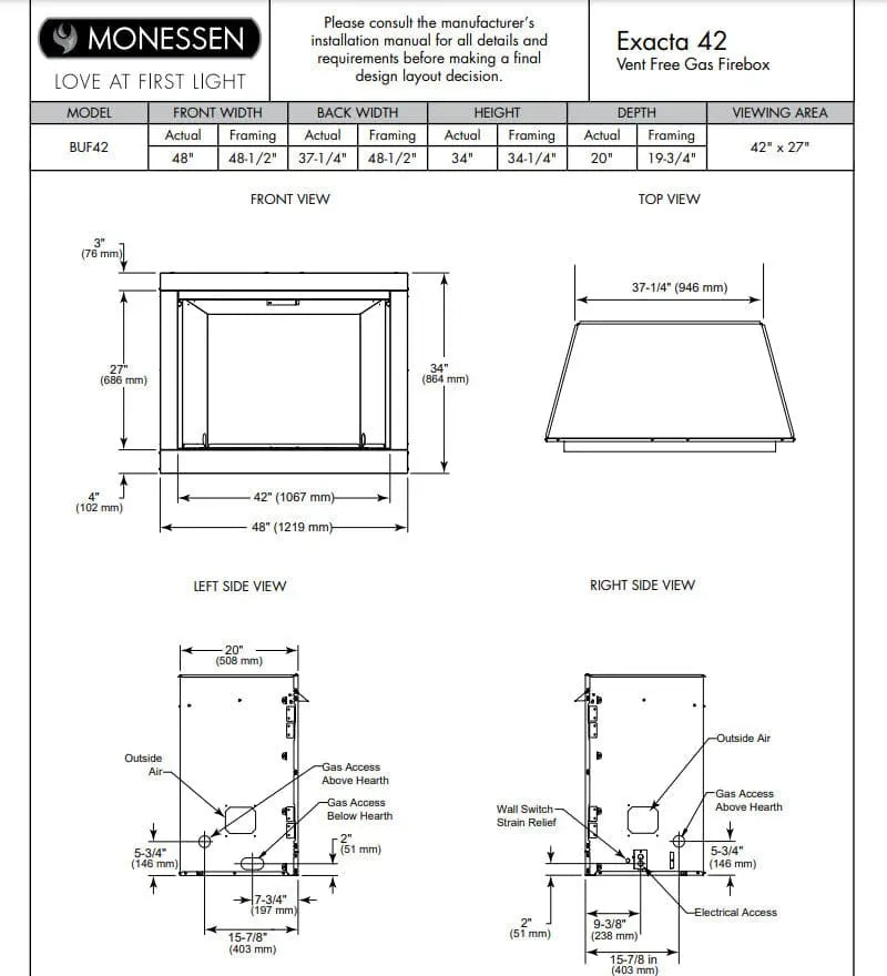 Monessen Gas Fireplace Exacta Vent-Free Circulating Clean Face 42" MFV42Exacta