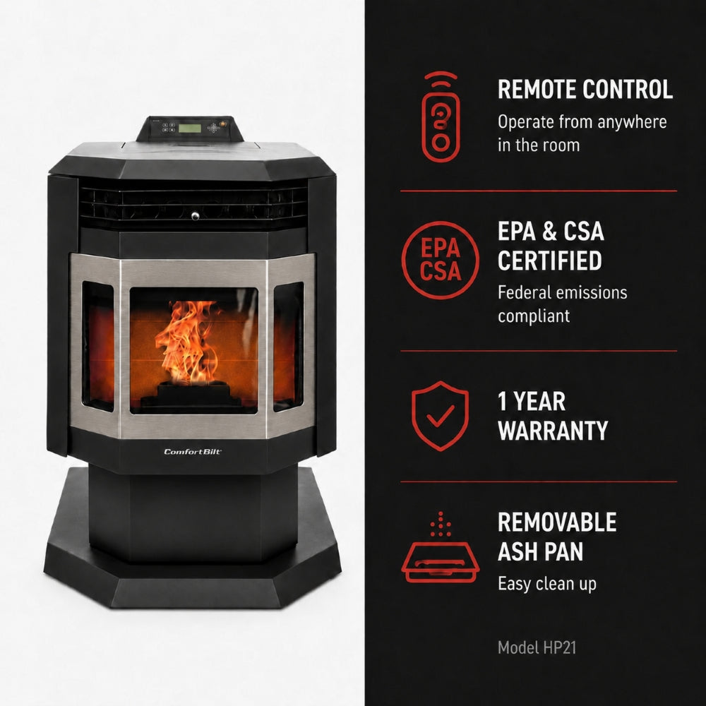 ComfortBilt HP21 24" Black Wood Pellet Stove with Stainless Steel Trim