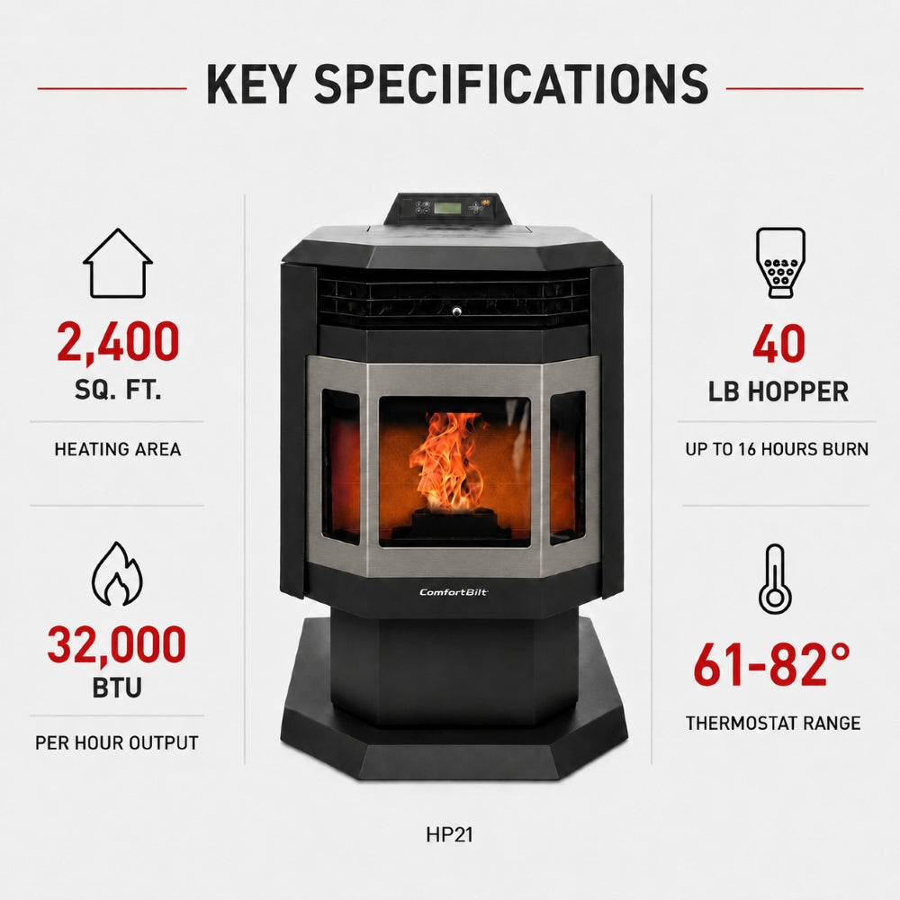 ComfortBilt HP21 24" Black Wood Pellet Stove with Stainless Steel Trim