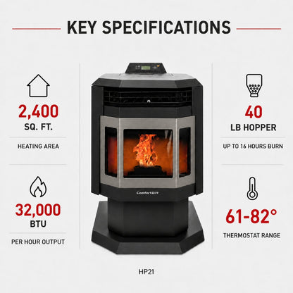 ComfortBilt HP21 24" Black Wood Pellet Stove with Stainless Steel Trim