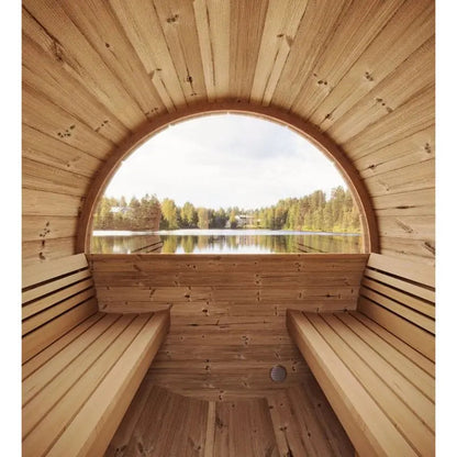 SaunaLife 4-Person Half-Moon Panoramic Outdoor Barrel Sauna Model E7W | AQVINA World