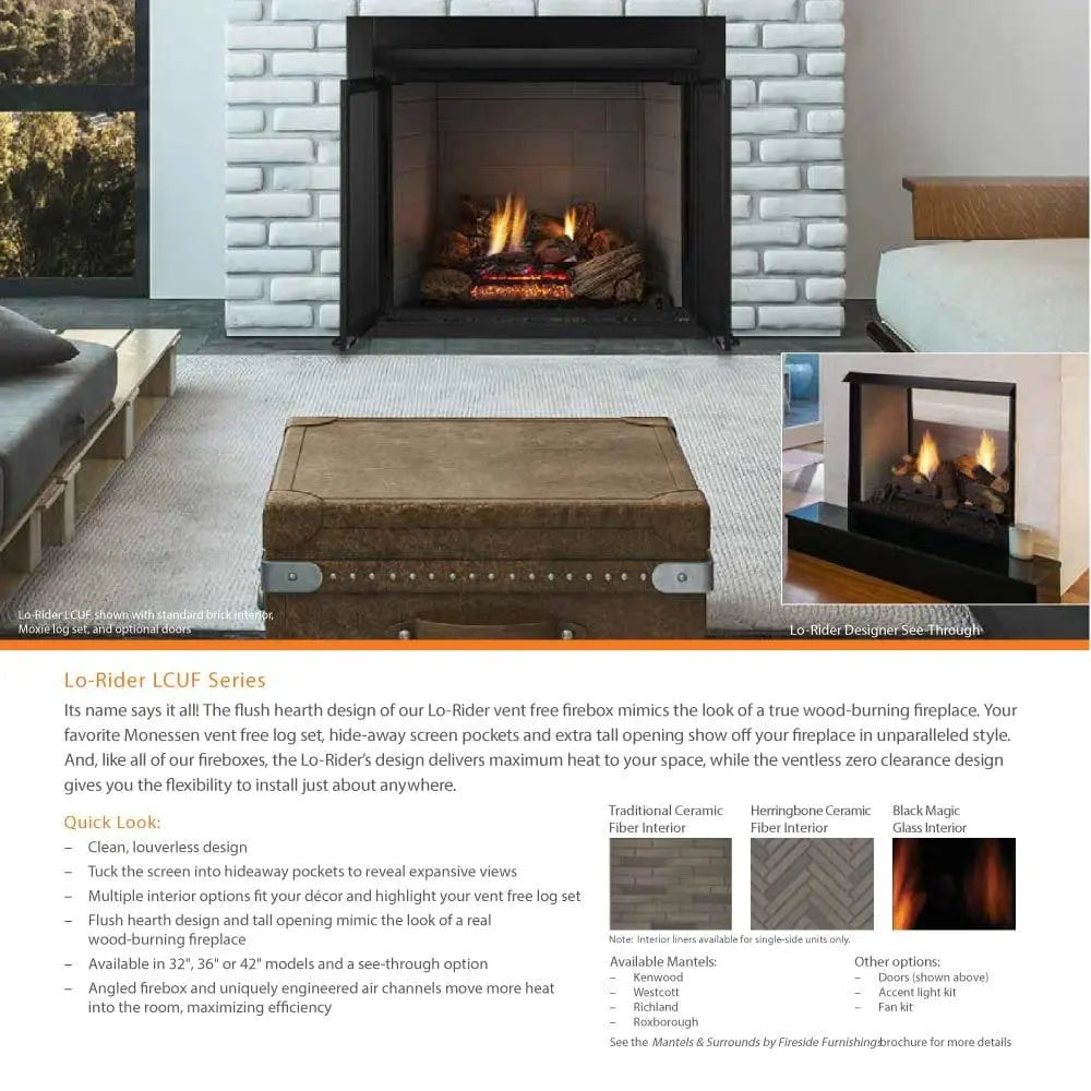 Monessen Gas Fireplace 36" Lo-Rider Double-Sided Clean Face Vent Free Firebox MGF36LR
