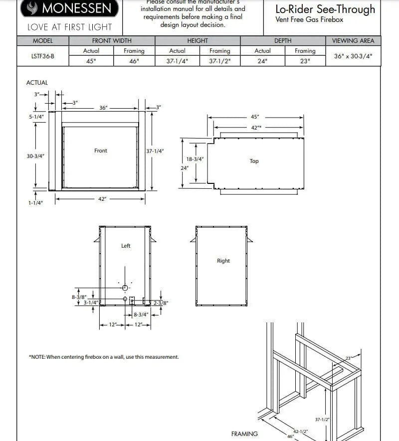 Monessen Gas Fireplace 36" Lo-Rider Double-Sided Clean Face Vent Free Firebox MGF36LR