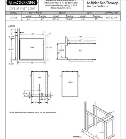 Monessen Gas Fireplace 36" Lo-Rider Double-Sided Clean Face Vent Free Firebox MGF36LR