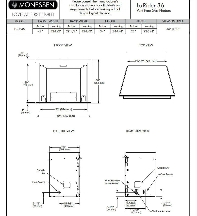 Monessen Gas Fireplace Lo-Rider Clean Face Vent-Free 36" MFV36LCF