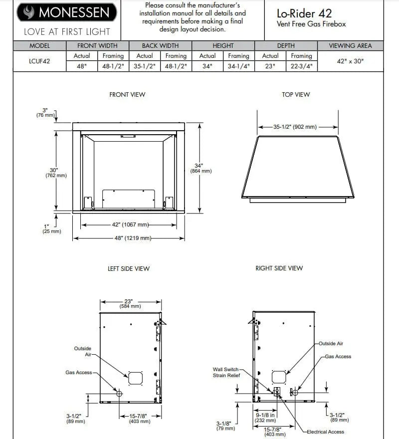 Monessen Gas Fireplace 42" Lo-Rider Clean Face Vent-Free MFCF42