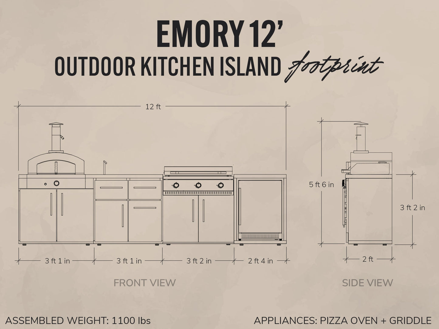 Emory | 12-Foot Outdoor Kitchen Island with Built-In Griddle & Pizza Oven