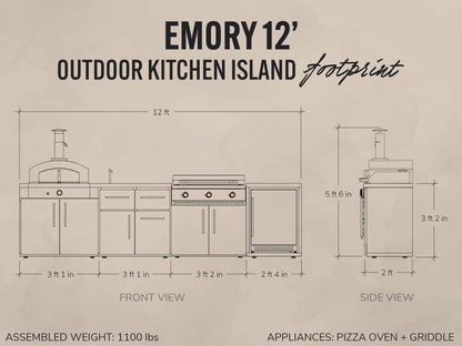 Emory | 12-Foot Outdoor Kitchen Island with Built-In Griddle & Pizza Oven