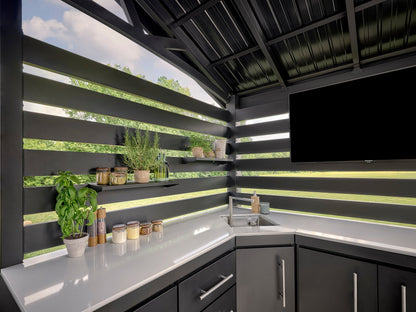 Langston | Covered Walk-In Outdoor Kitchen with Built-In Griddle & Pizza Oven