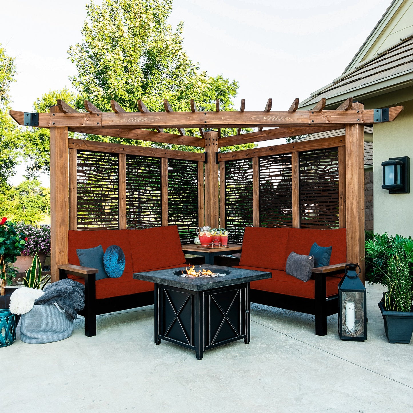 Tuscany Corner Pergola with Conversation Seating - Privacy Panels