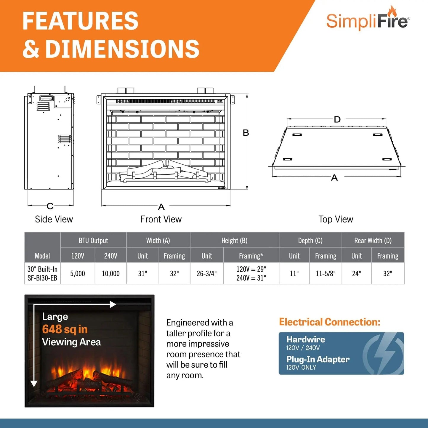 SimpliFire Built-In Electric Fireplace 30-In SF30